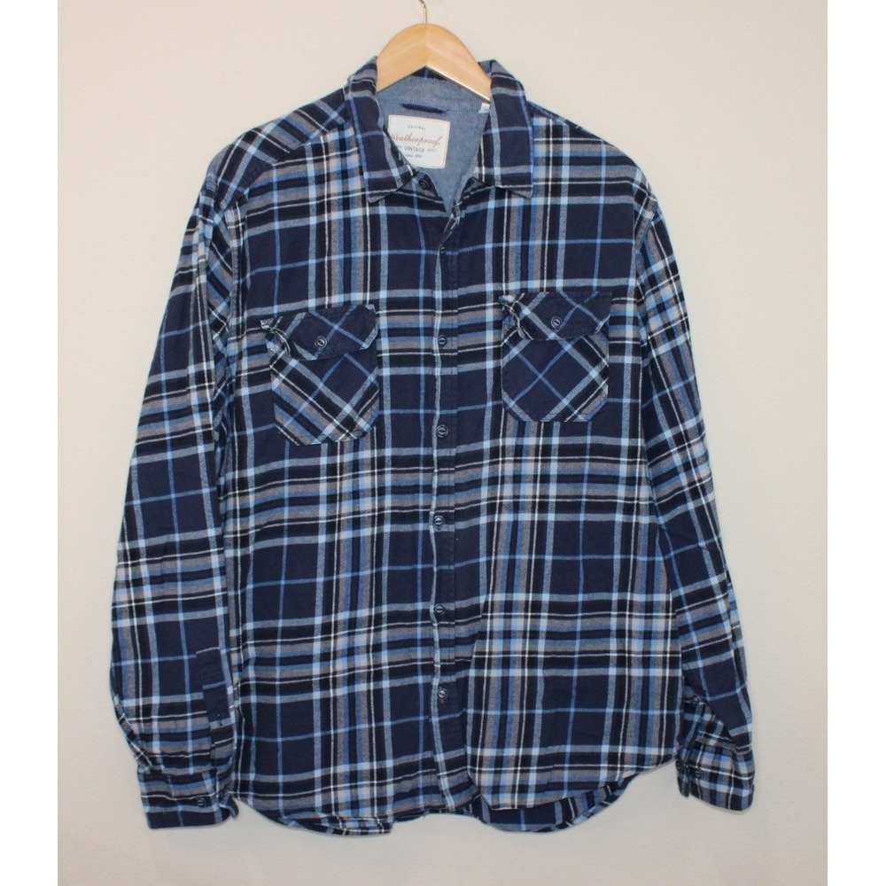 Weatherproof Vintage flannel shirt XL blue plaid long sleeve button front cotton